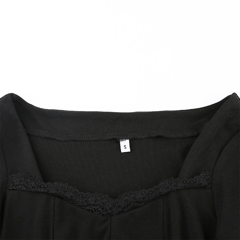 Square Neck Lace Patchwork Bodycon Black Dress