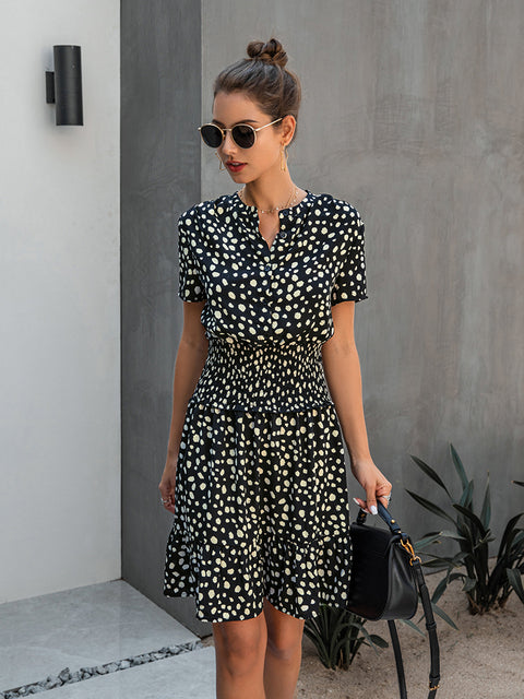 Leopard Casual Black Summer Ruffle Mini Dress